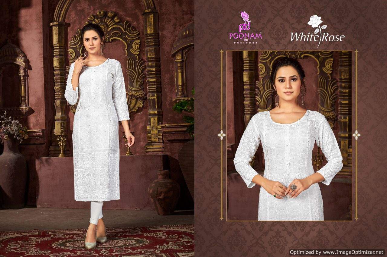Poonam White Rose Regular Fancy Festive Wear Rayon Designer Kurti Collection